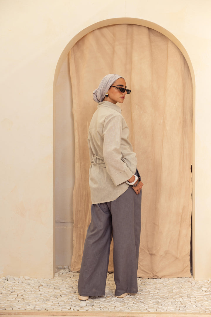 Linen Belt Shirt- Gray