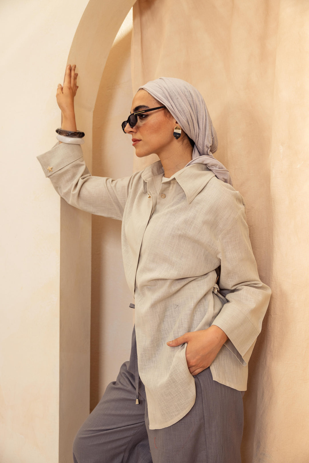 Linen Belt Shirt- Gray