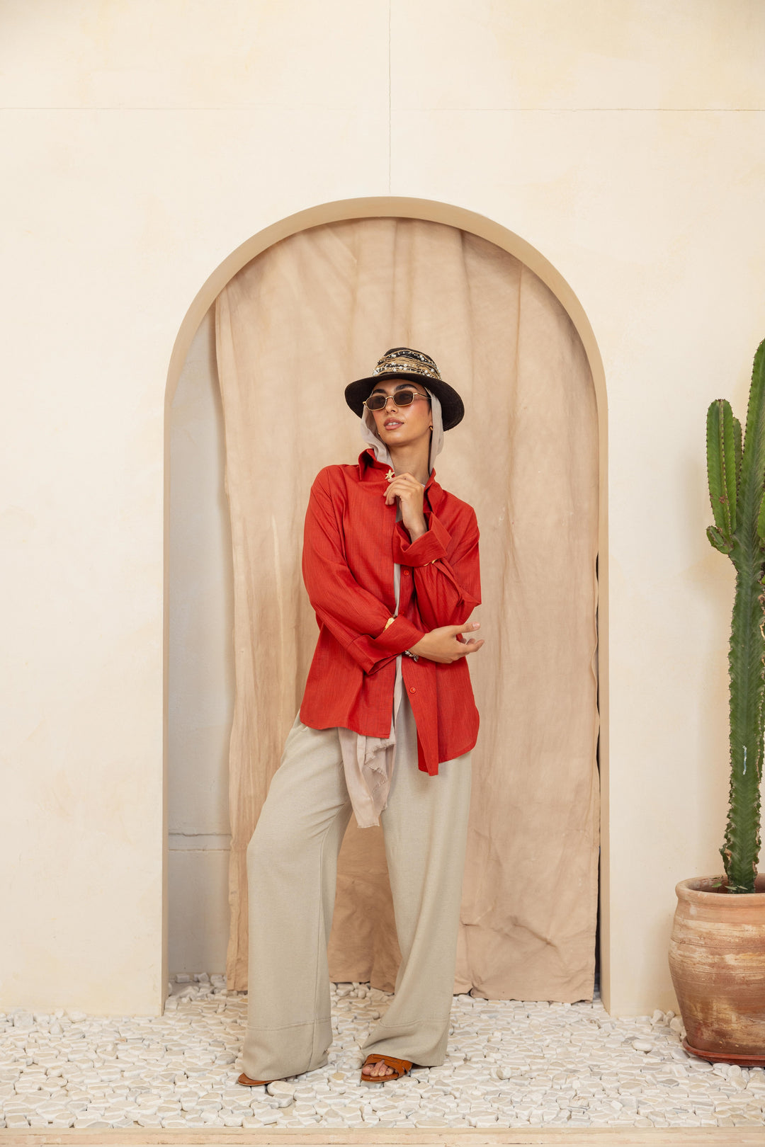 Linen Belt Shirt- Orange