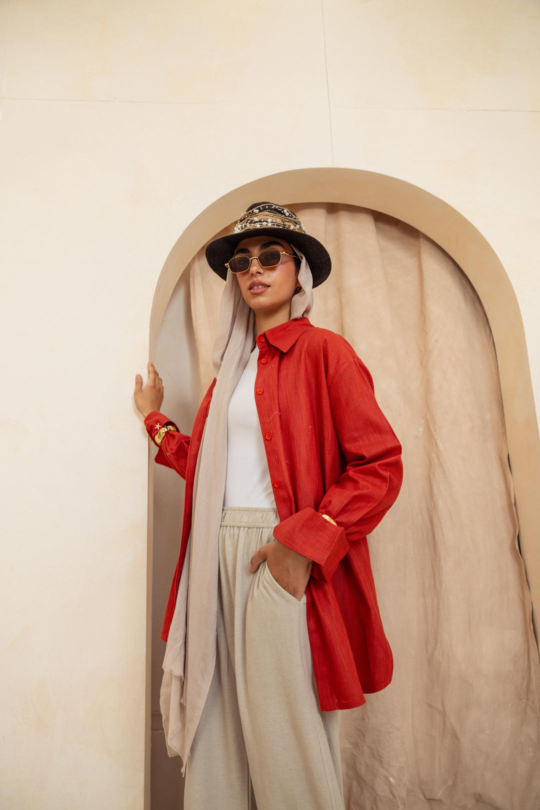 Linen Belt Shirt- Orange