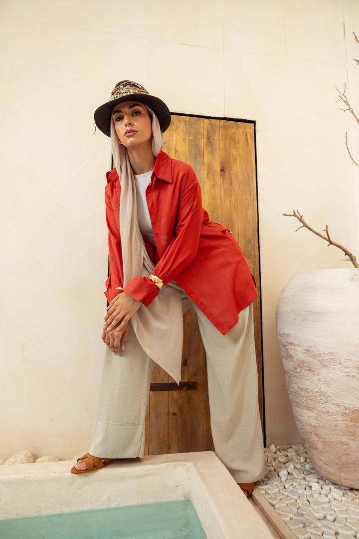 Linen Belt Shirt- Orange