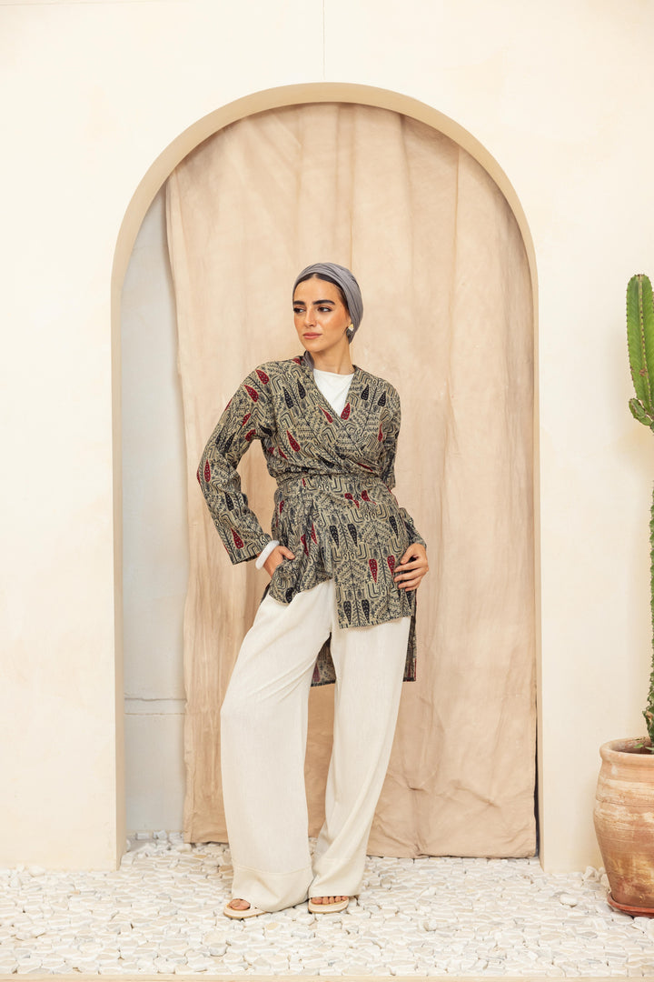 Colored long linen kimono -Red