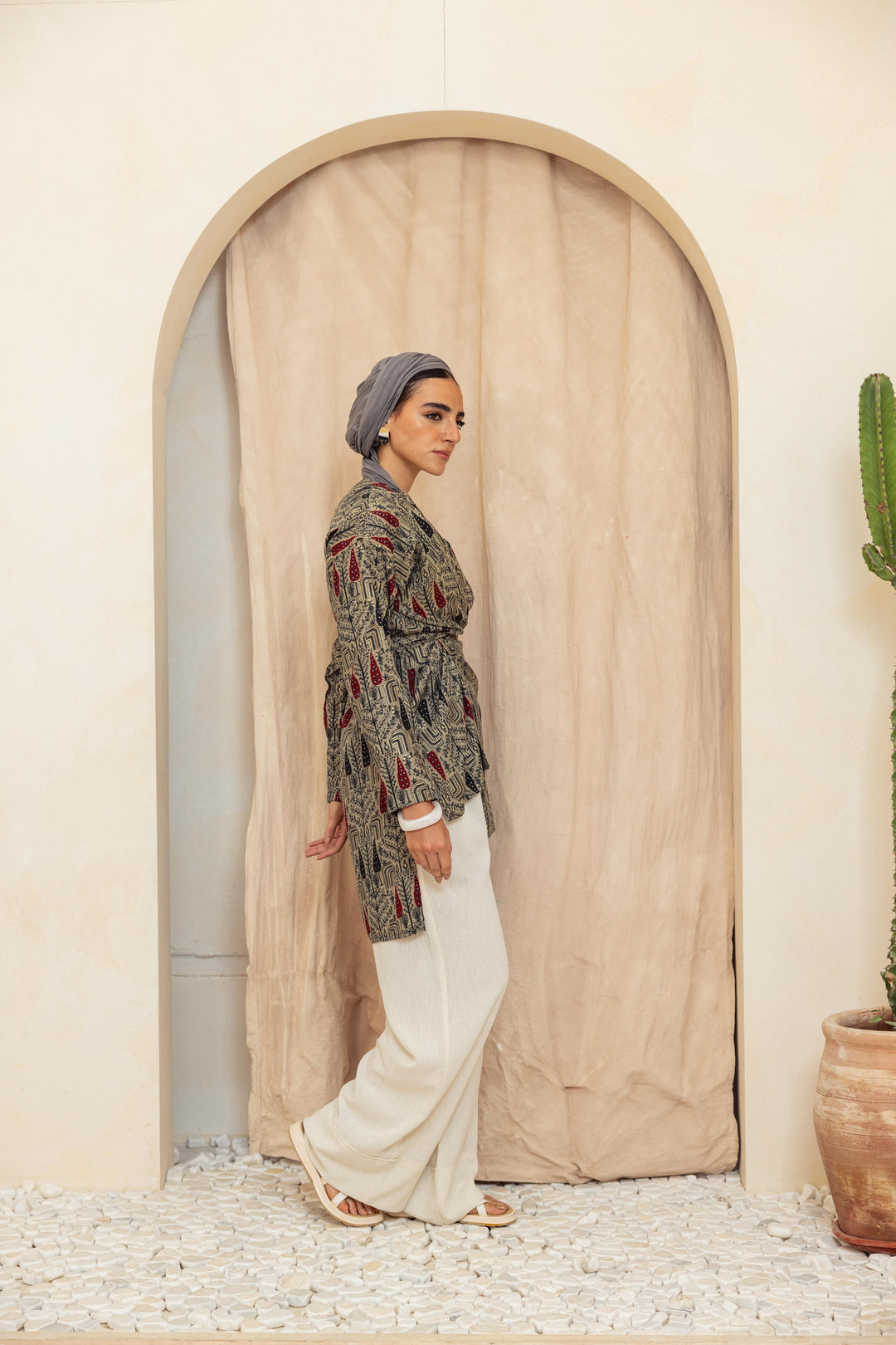 Colored long linen kimono -Red