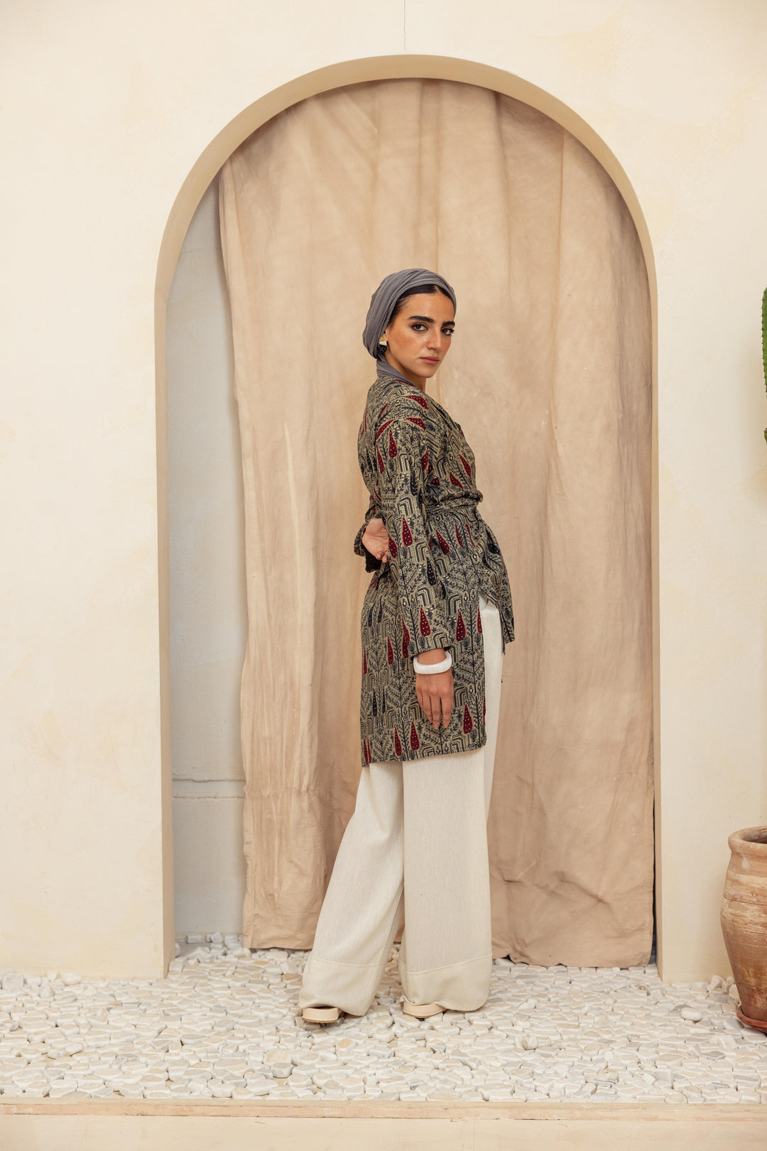 Colored long linen kimono -Red