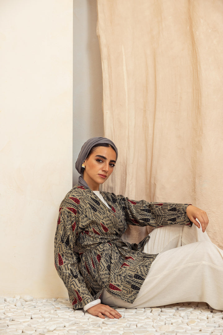 Colored long linen kimono -Red