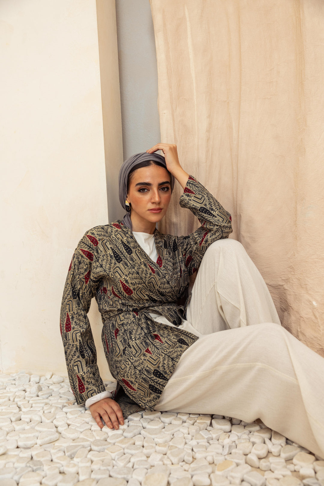 Colored long linen kimono -Red