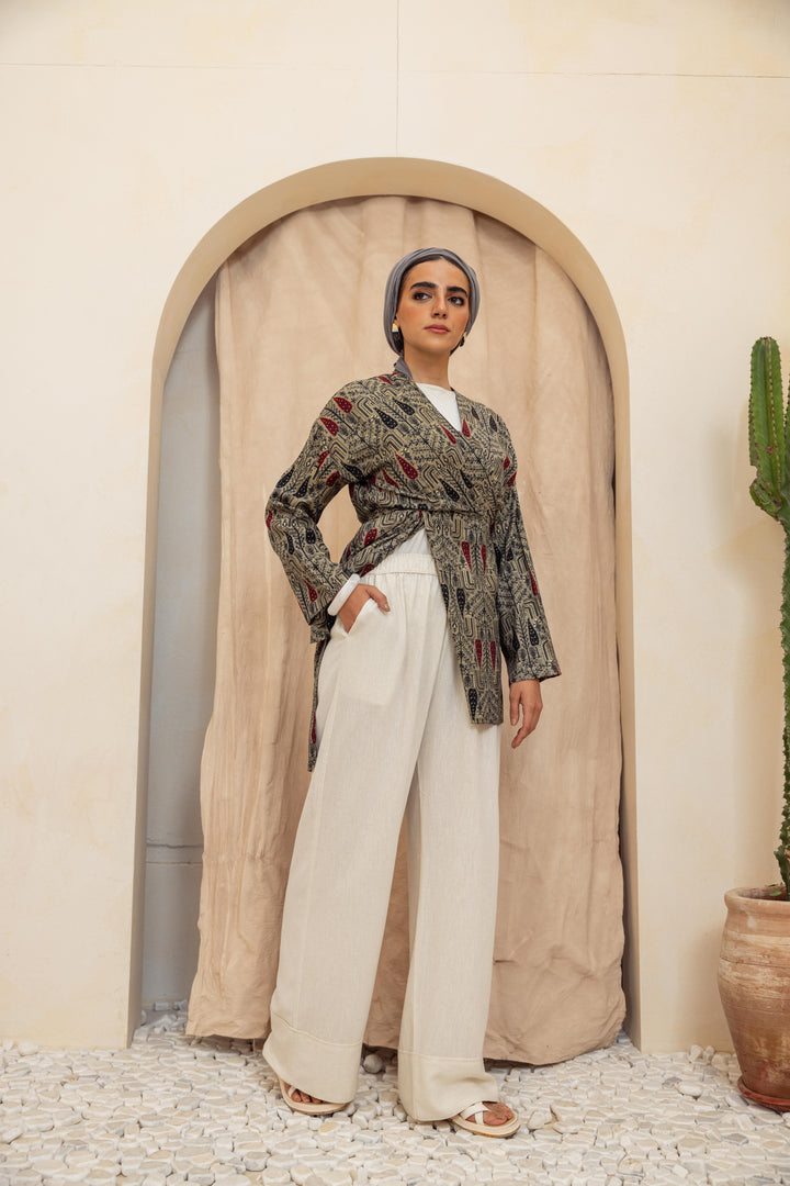 Colored long linen kimono -Red