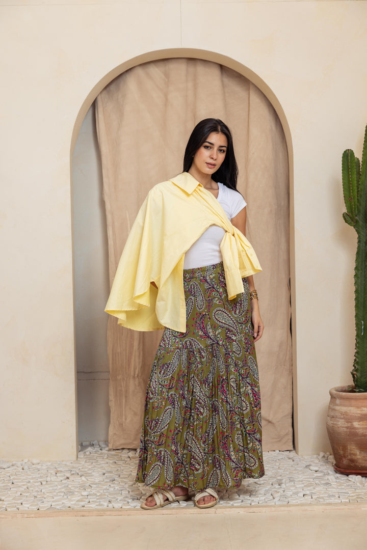 Printed Pilise Skirt - Olive Flowers