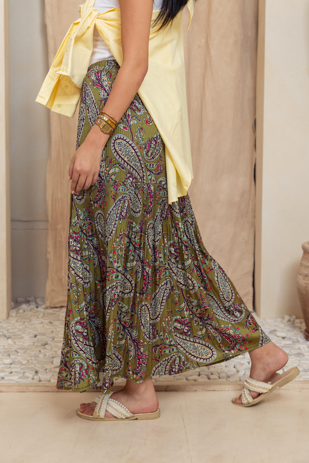 Printed Pilise Skirt - Olive Flowers