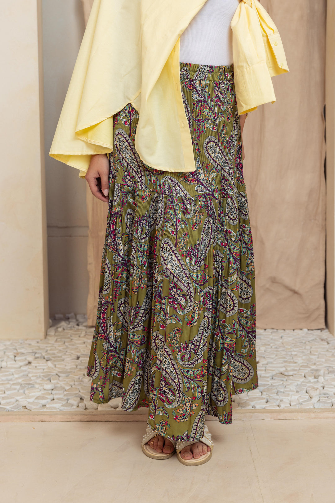 Printed Pilise Skirt - Olive Flowers