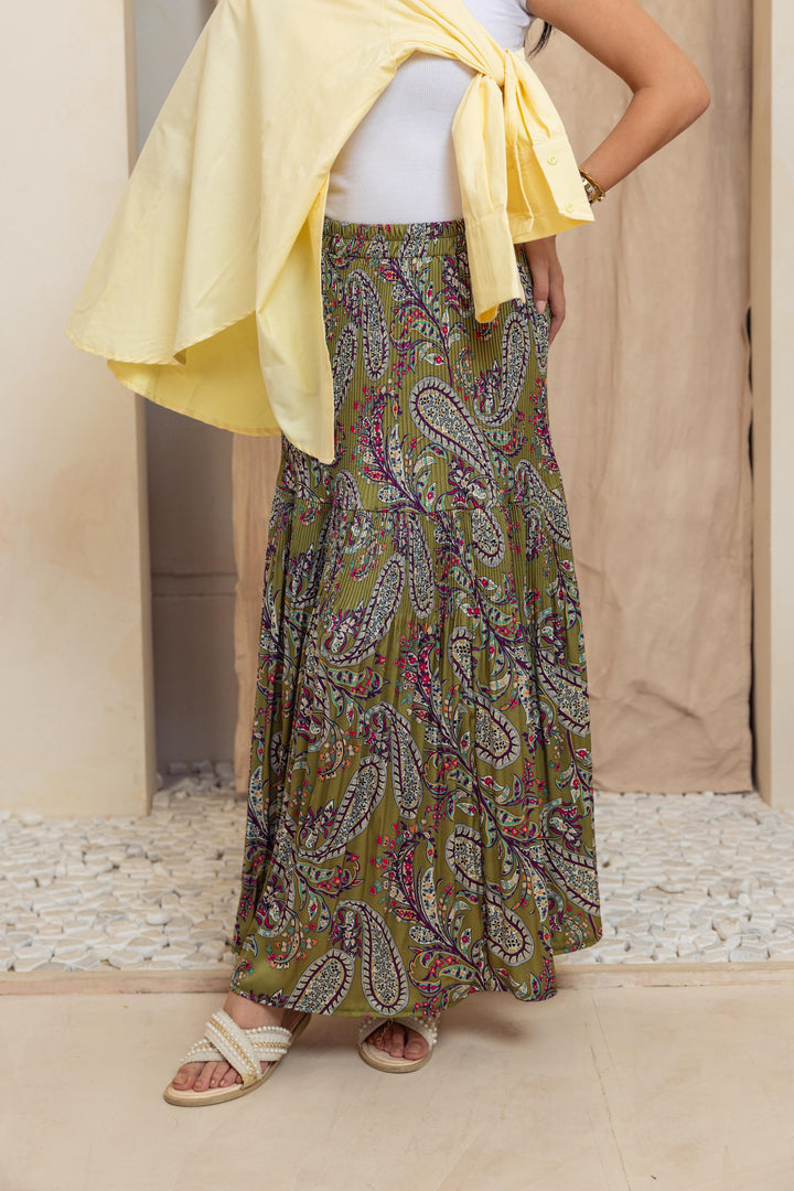 Printed Pilise Skirt - Olive Flowers