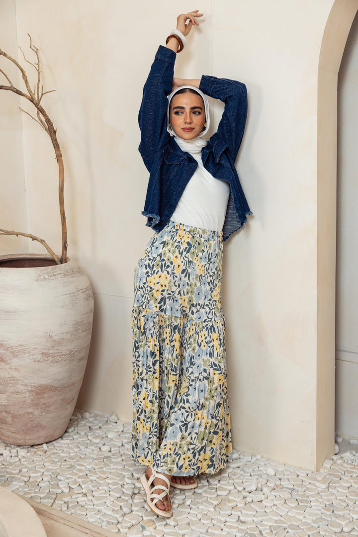 Printed Pilise Skirt -  Butter yellow Flowers