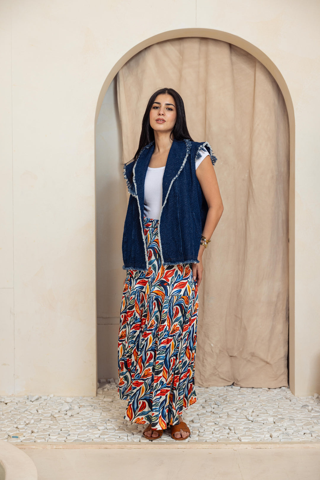 Printed Pilise Skirt -  Blue orange colors