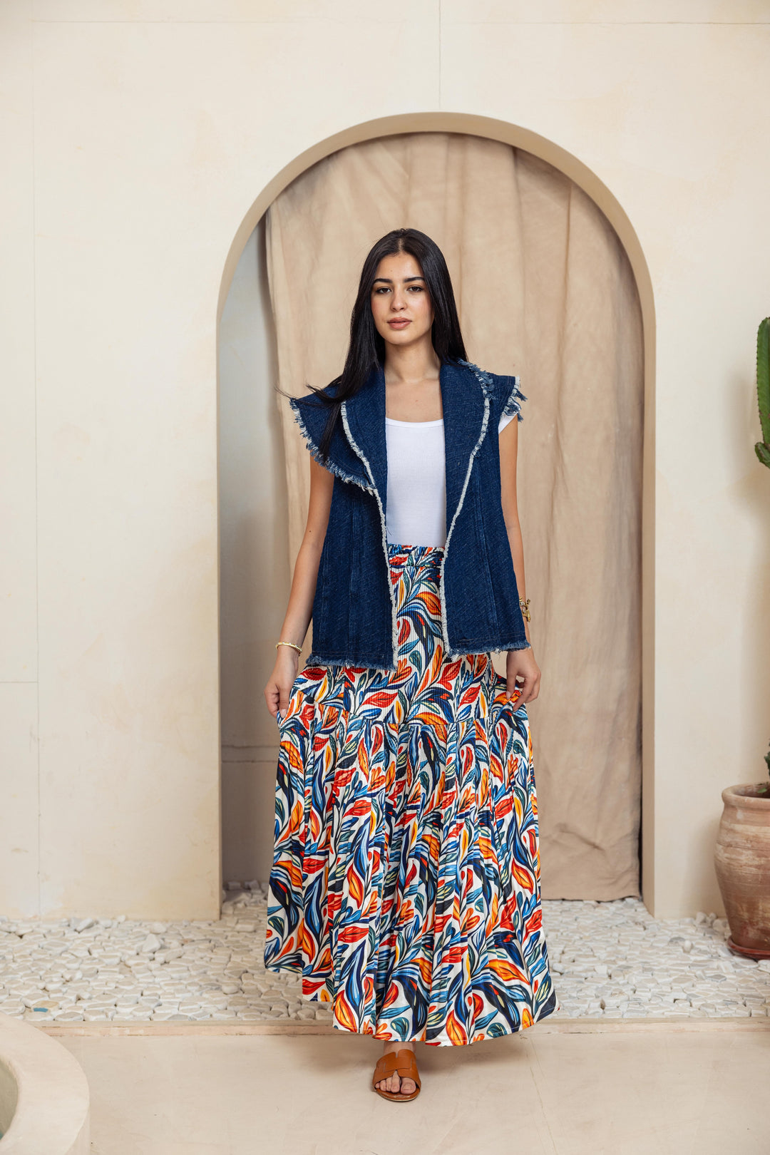 Printed Pilise Skirt -  Blue orange colors