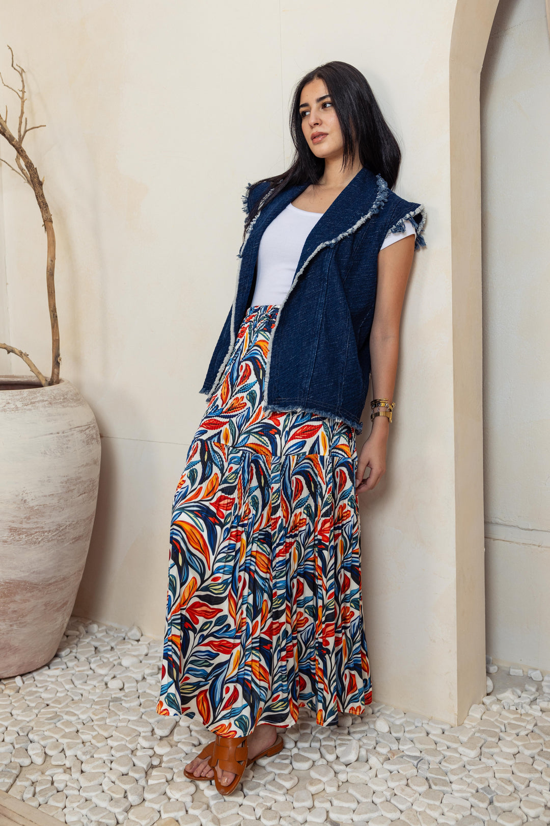 Printed Pilise Skirt -  Blue orange colors