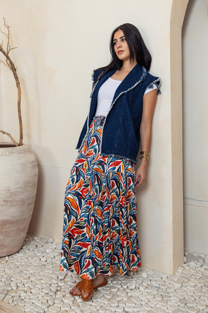 Printed Pilise Skirt -  Blue orange colors