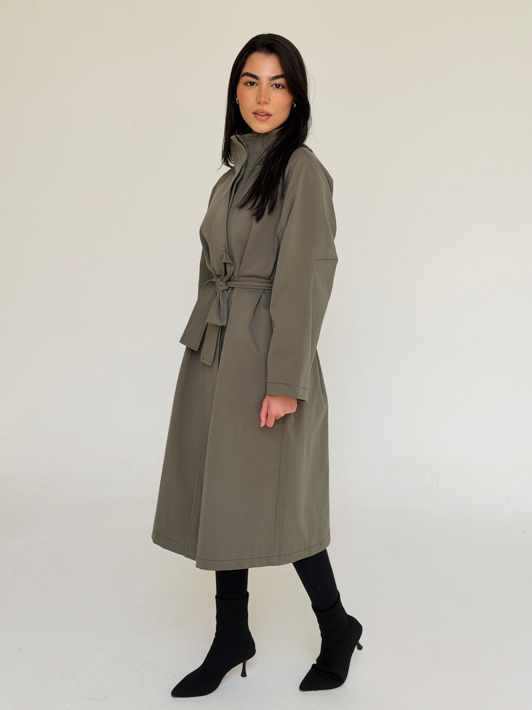 Gabardine long trench coat- dusty green