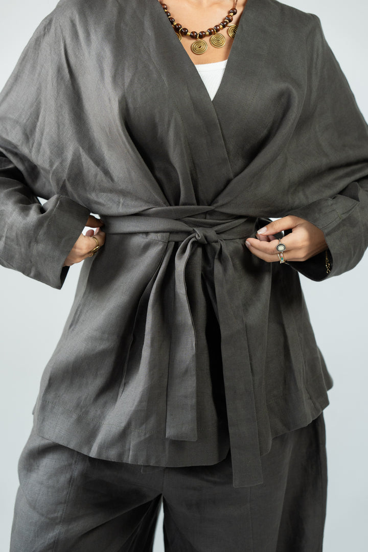Wrapped linen shirt -black olive