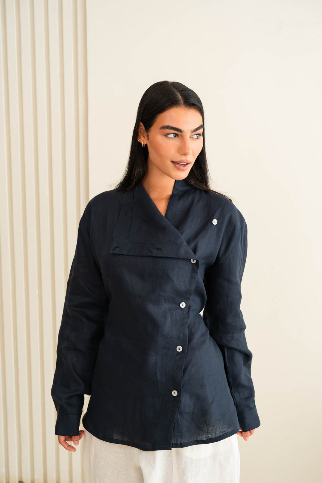 Flap linen shirt - dark blue