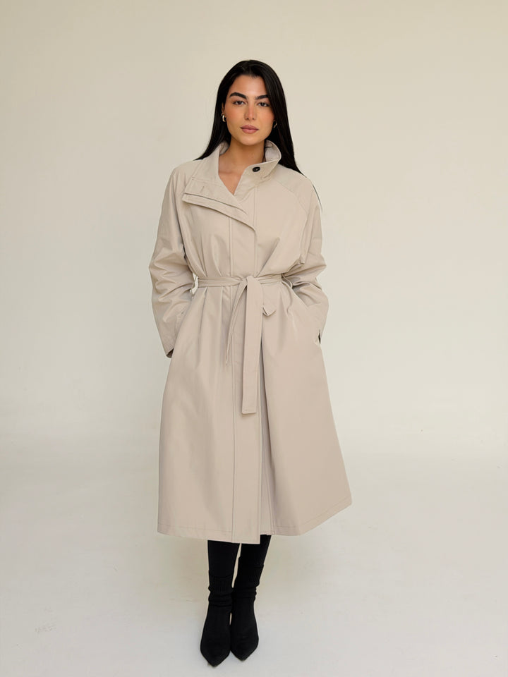Gabardine long trench coat- creme