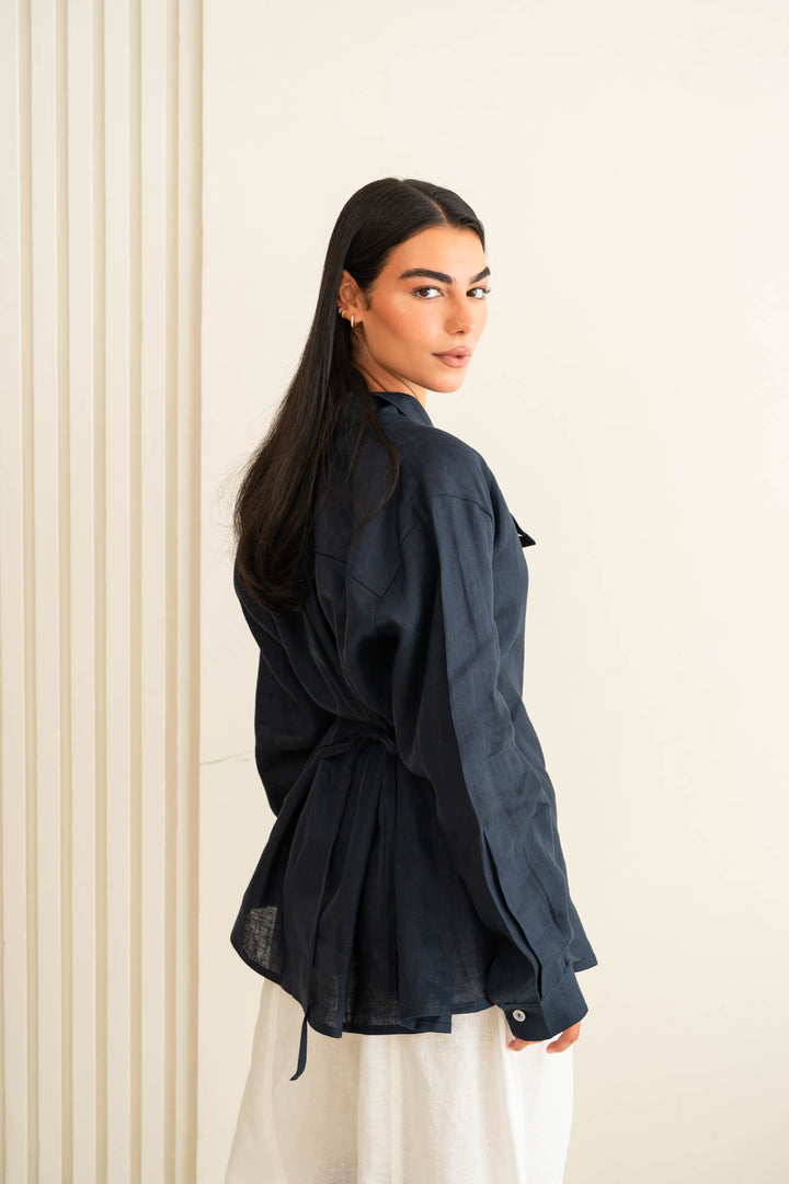 Flap linen shirt - dark blue