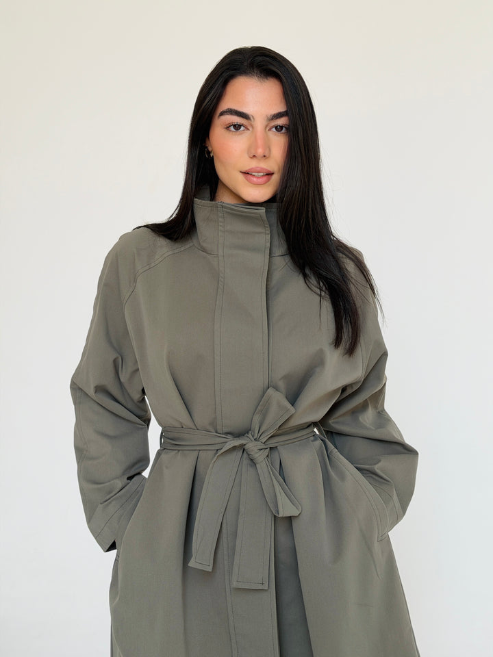 Gabardine long trench coat- dusty green