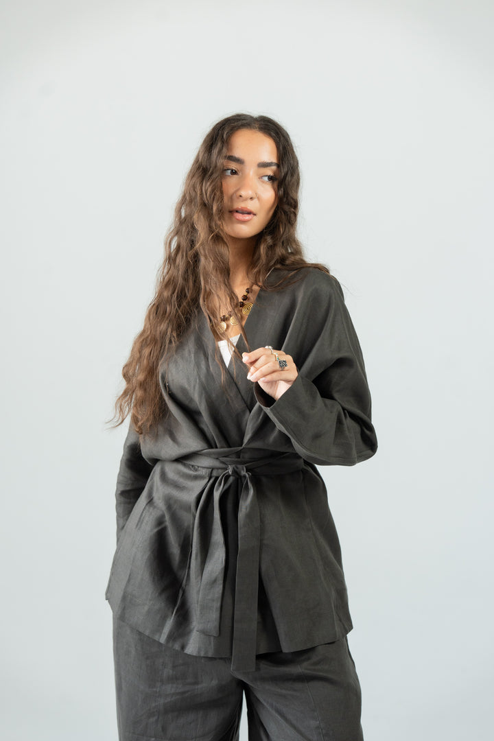 Wrapped linen shirt -black olive
