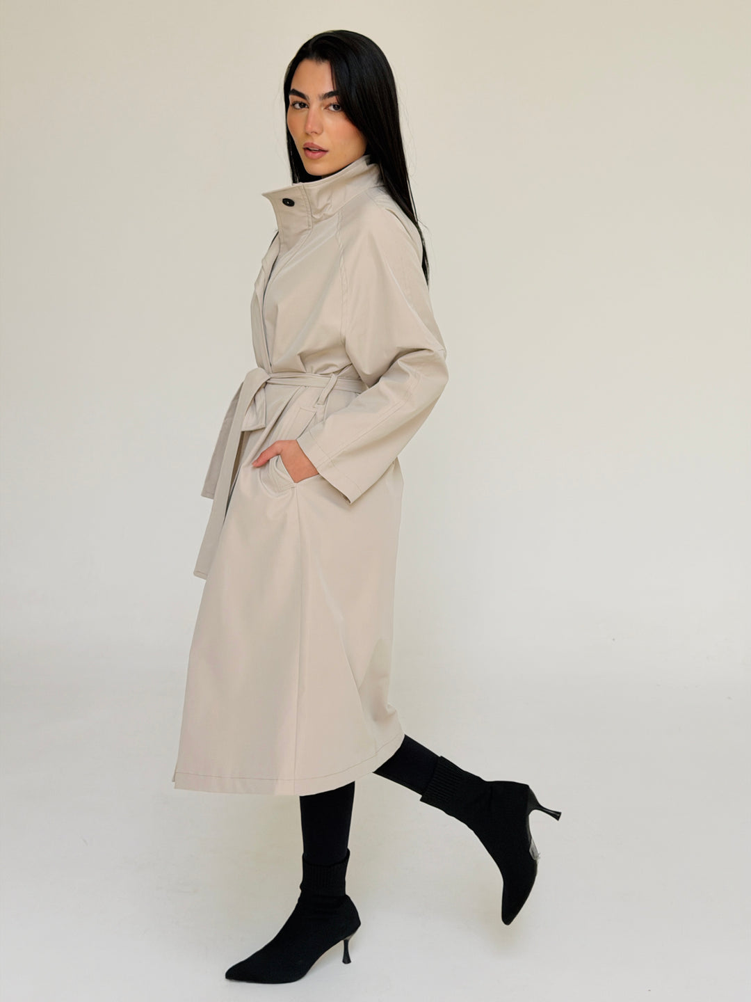 Gabardine long trench coat- creme