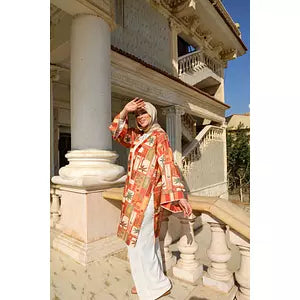 Printted olive linen kimono