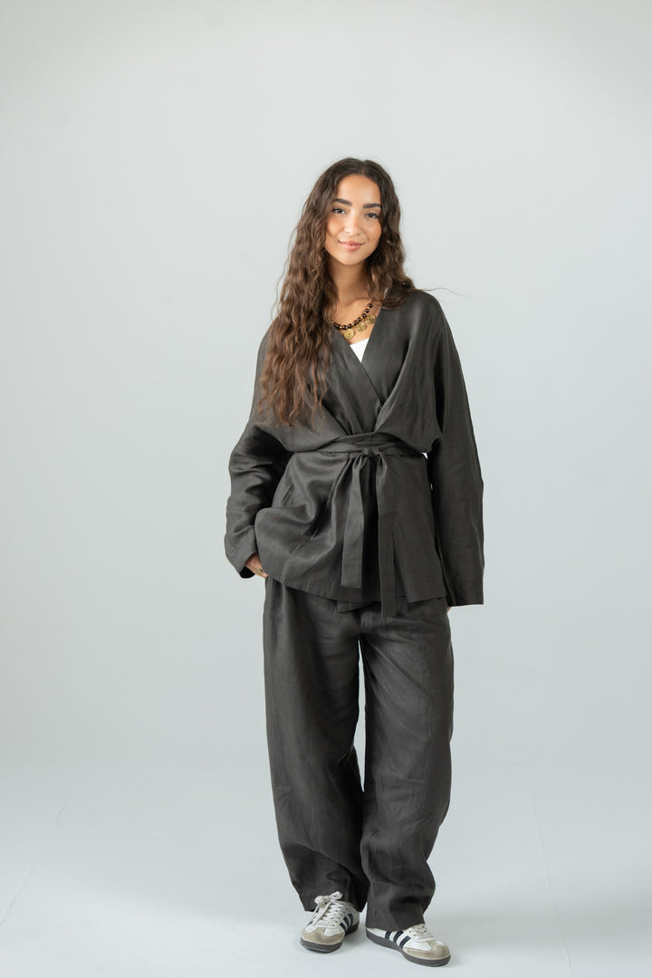 Wrapped linen shirt -black olive