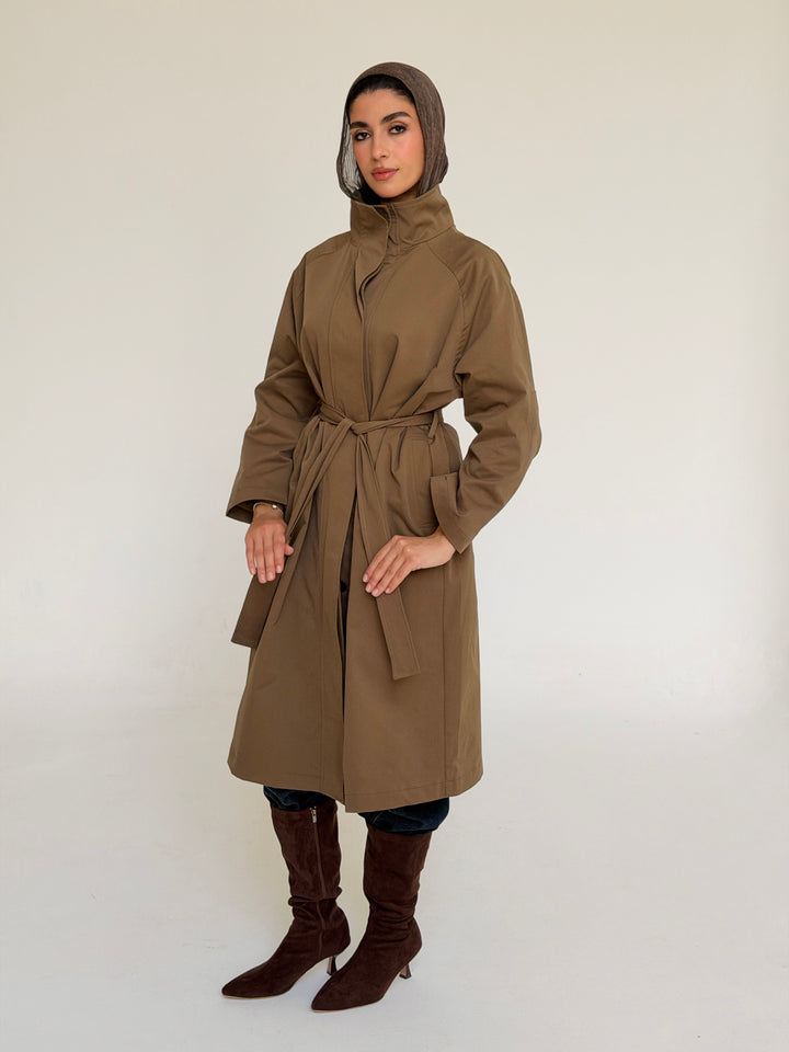 Gabardine long trench coat- olive