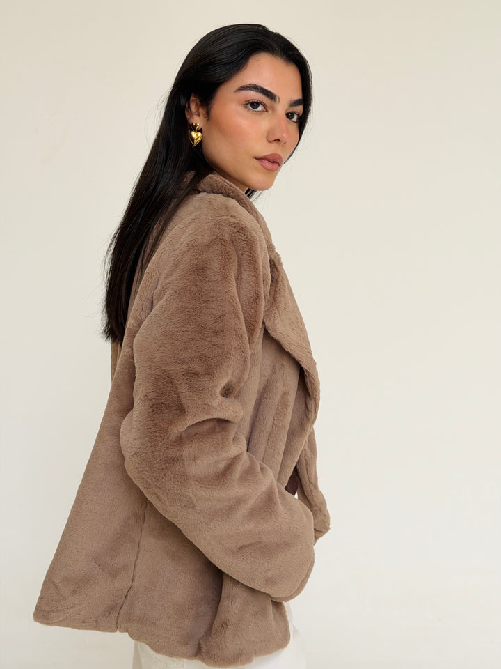 Fur cropped jacket- beige