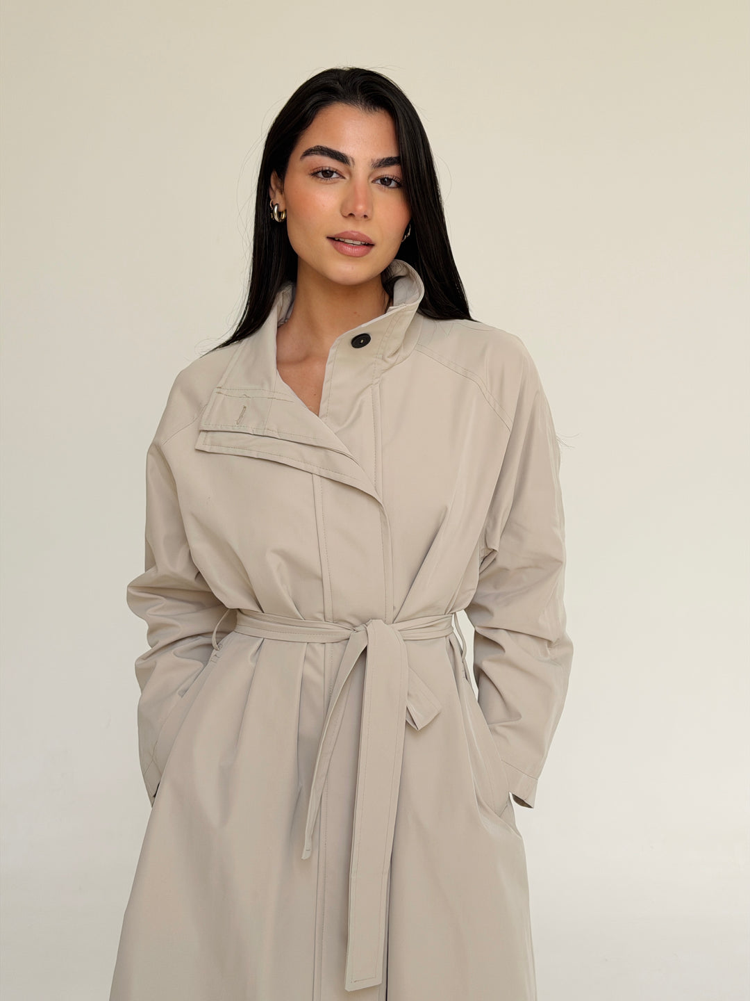 Gabardine long trench coat- creme