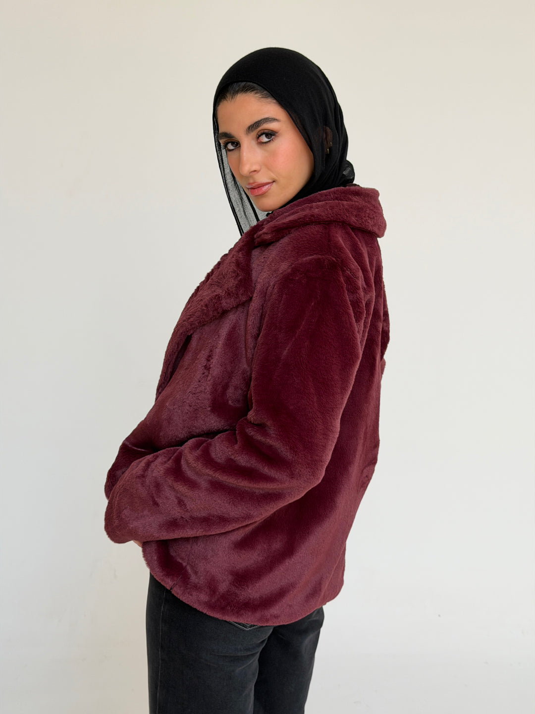 Fur cropped jacket- burgundy