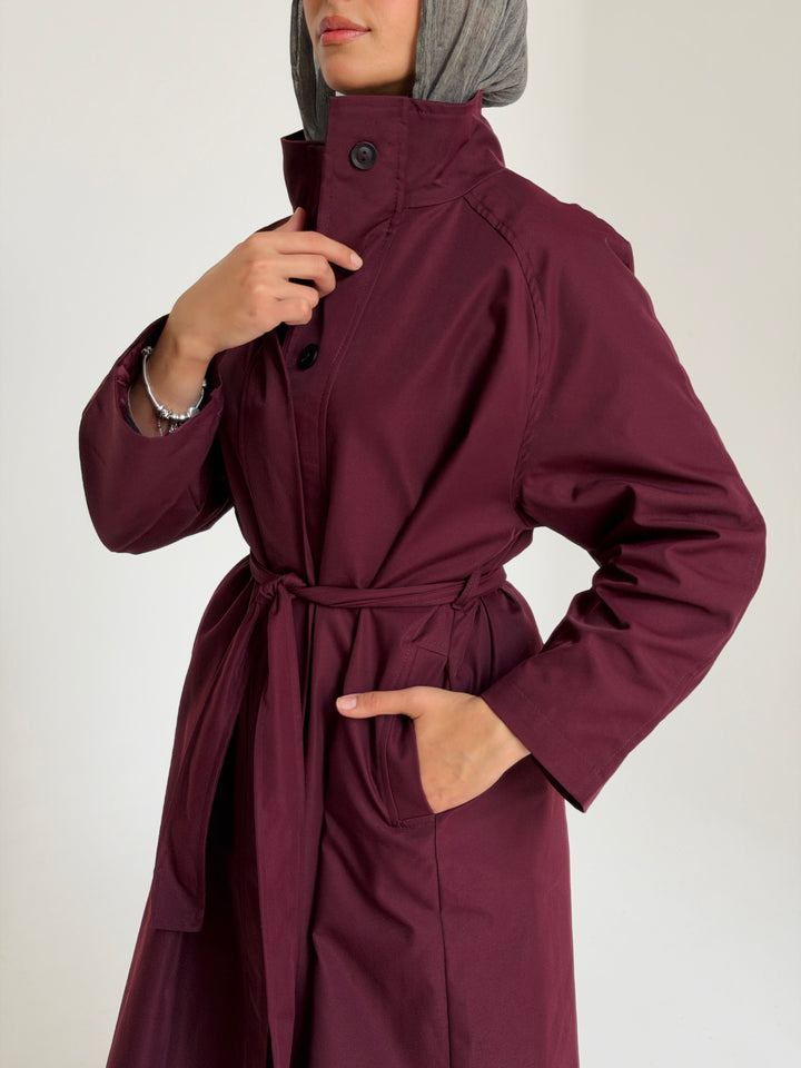 Gabardine long trench coat- red wine