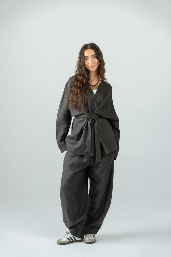 Wrapped linen shirt -black olive