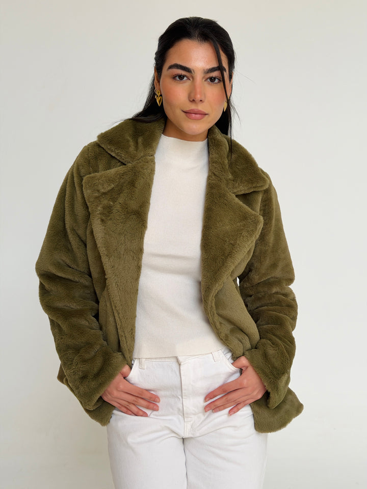 Fur cropped jacket- olive