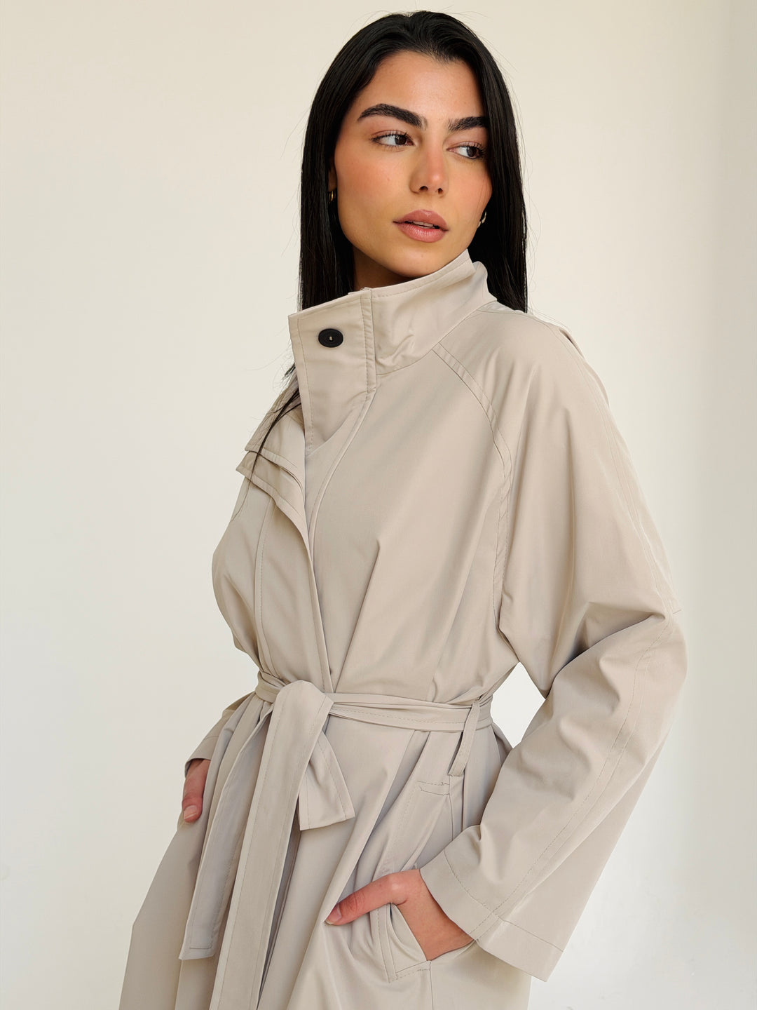 Gabardine long trench coat- creme