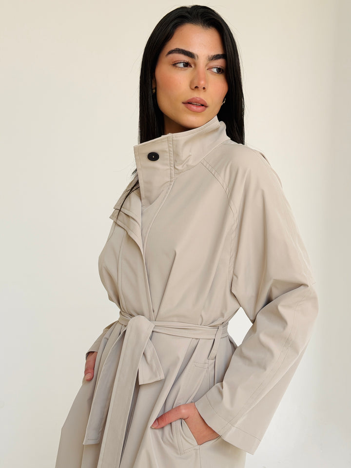 Gabardine long trench coat- creme
