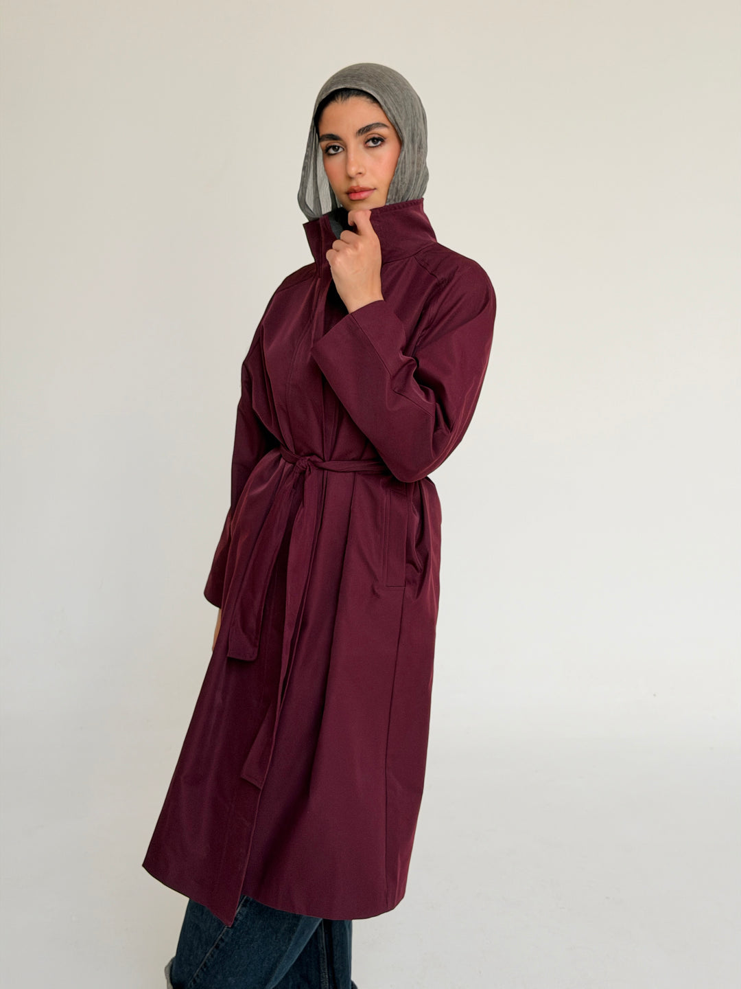 Gabardine long trench coat- red wine