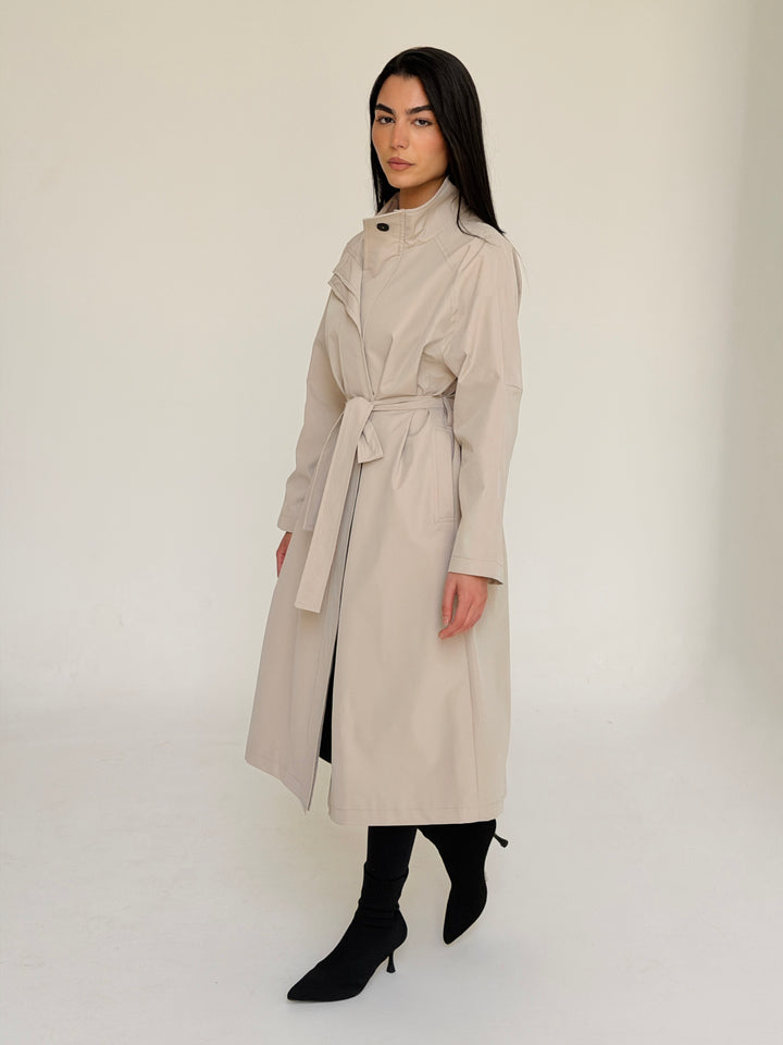 Gabardine long trench coat- creme