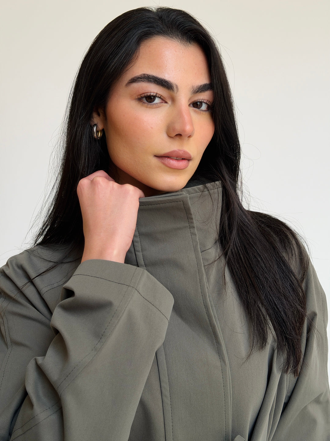 Gabardine long trench coat- dusty green