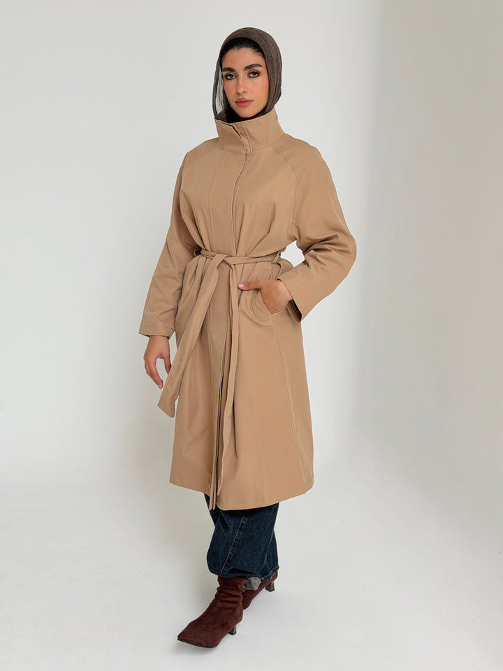Gabardine long trench coat- beige