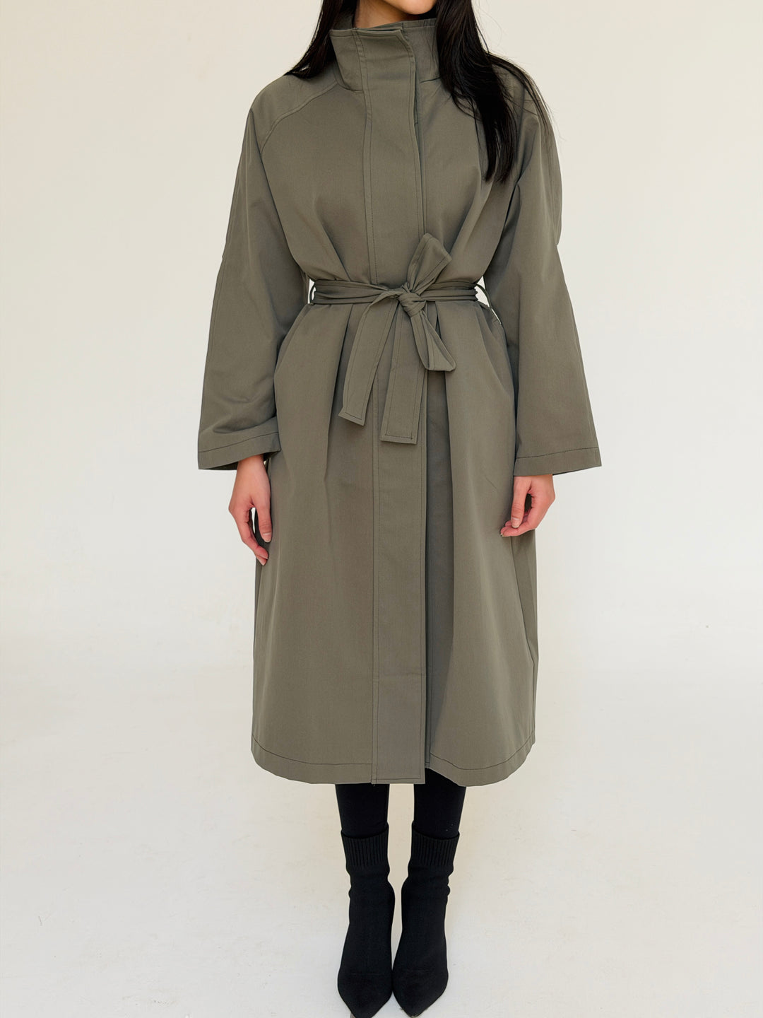 Gabardine long trench coat- dusty green
