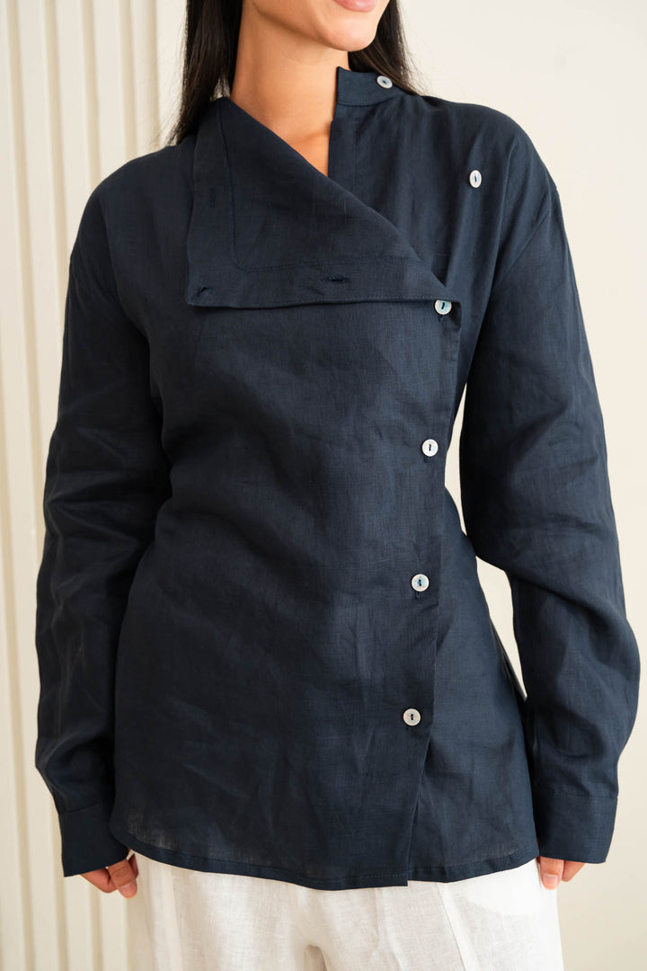 Flap linen shirt - dark blue