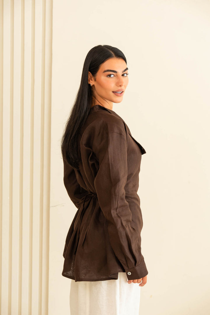 Flap linen shirt - brown