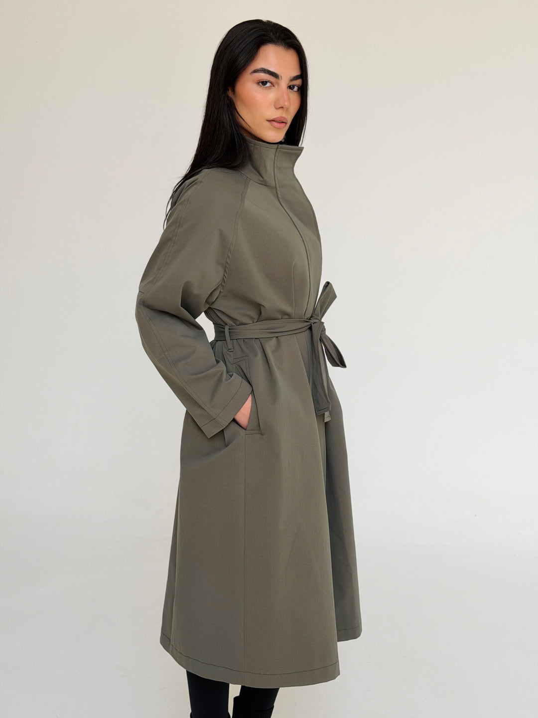 Gabardine long trench coat- dusty green