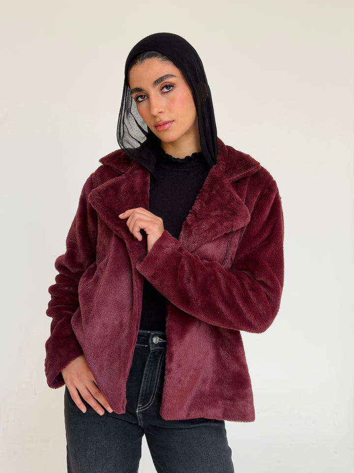 Fur cropped jacket- burgundy