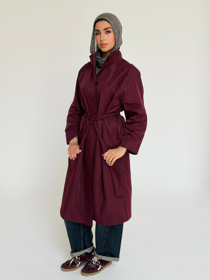 Gabardine long trench coat- red wine