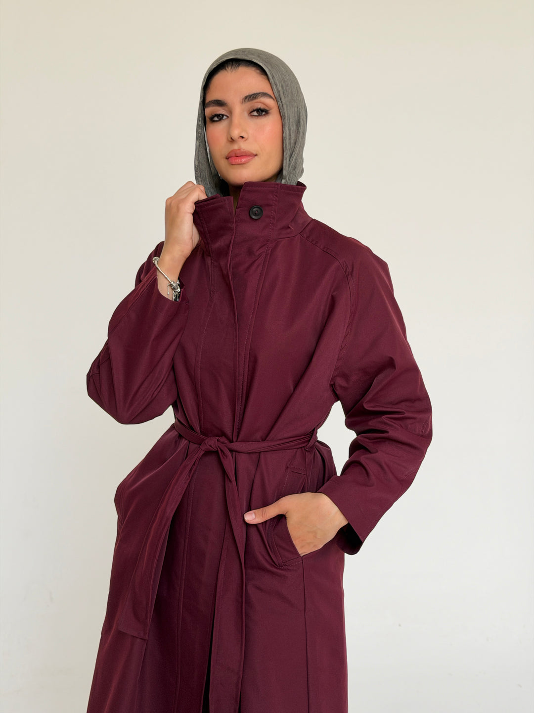 Gabardine long trench coat- red wine